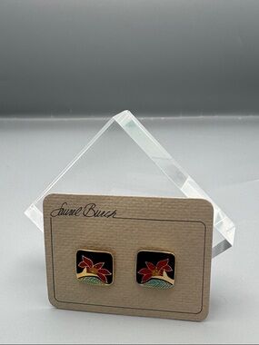 Laurel Burch Black, Red & Green Floral Enamel Square Earrings